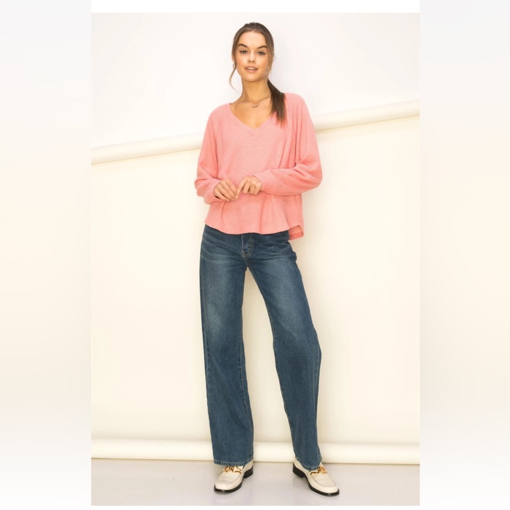 58. NWT Double Zero V-Neck Waffle Knit Fleece Lined Long Sleeve Top in Pink